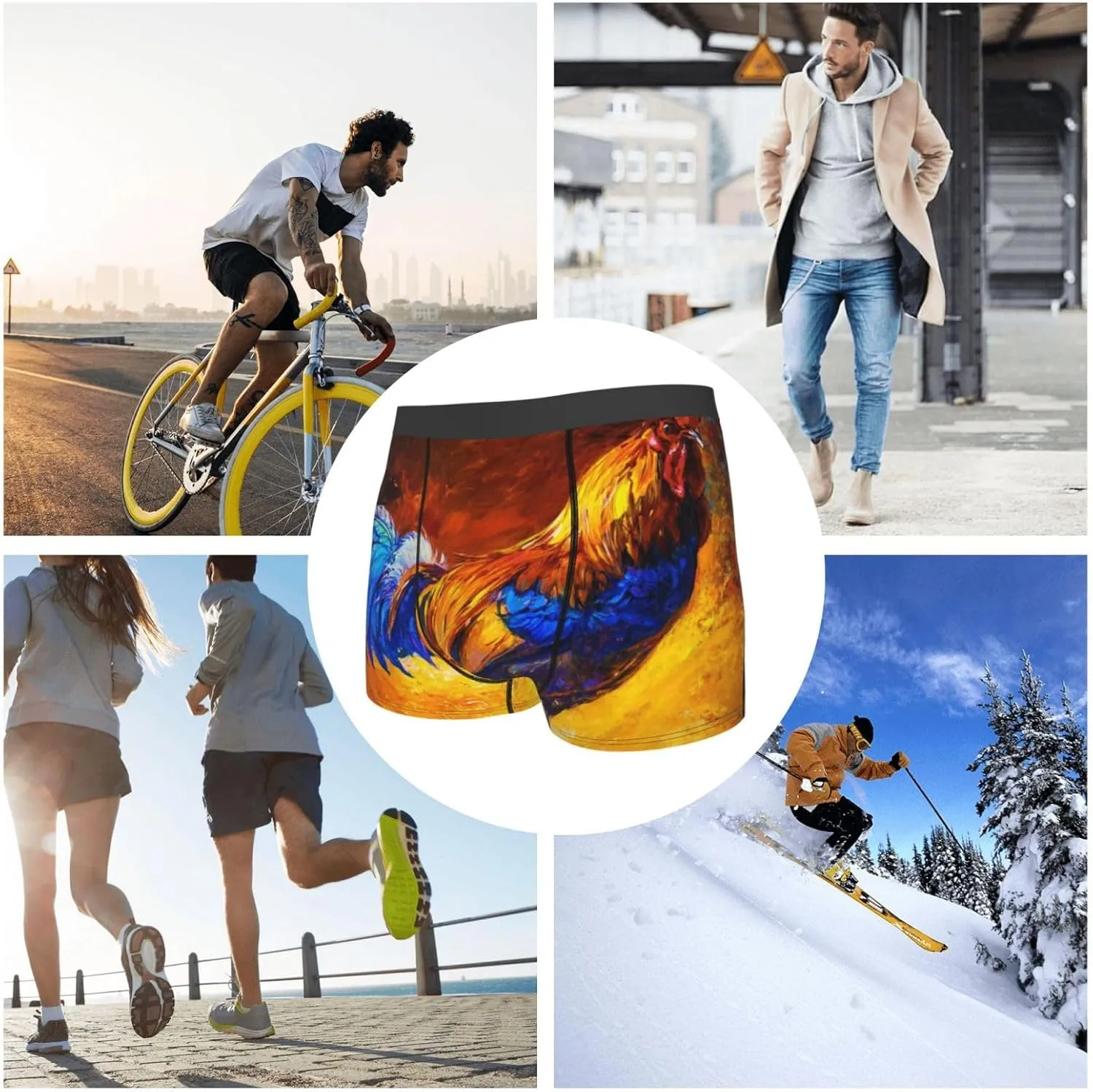 Colorful Rooster Print Boxer Briefs For Men Breathable Underwear-