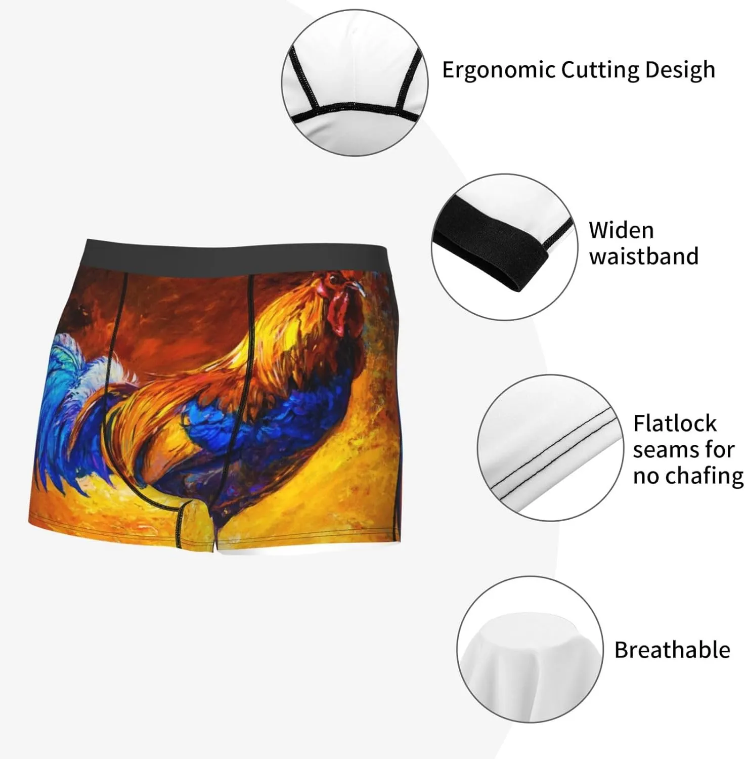 Colorful Rooster Print Boxer Briefs For Men Breathable Underwear-