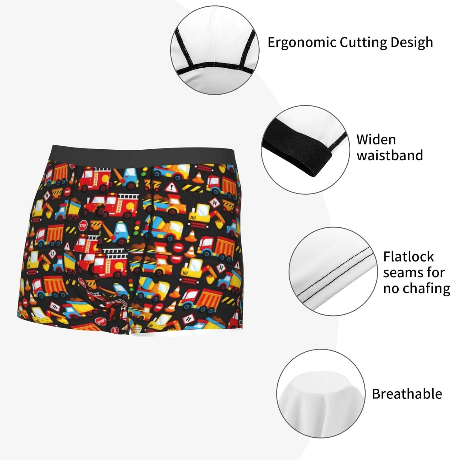 Construction Truck Print Boxer Briefs For Men Breathable Underwear-