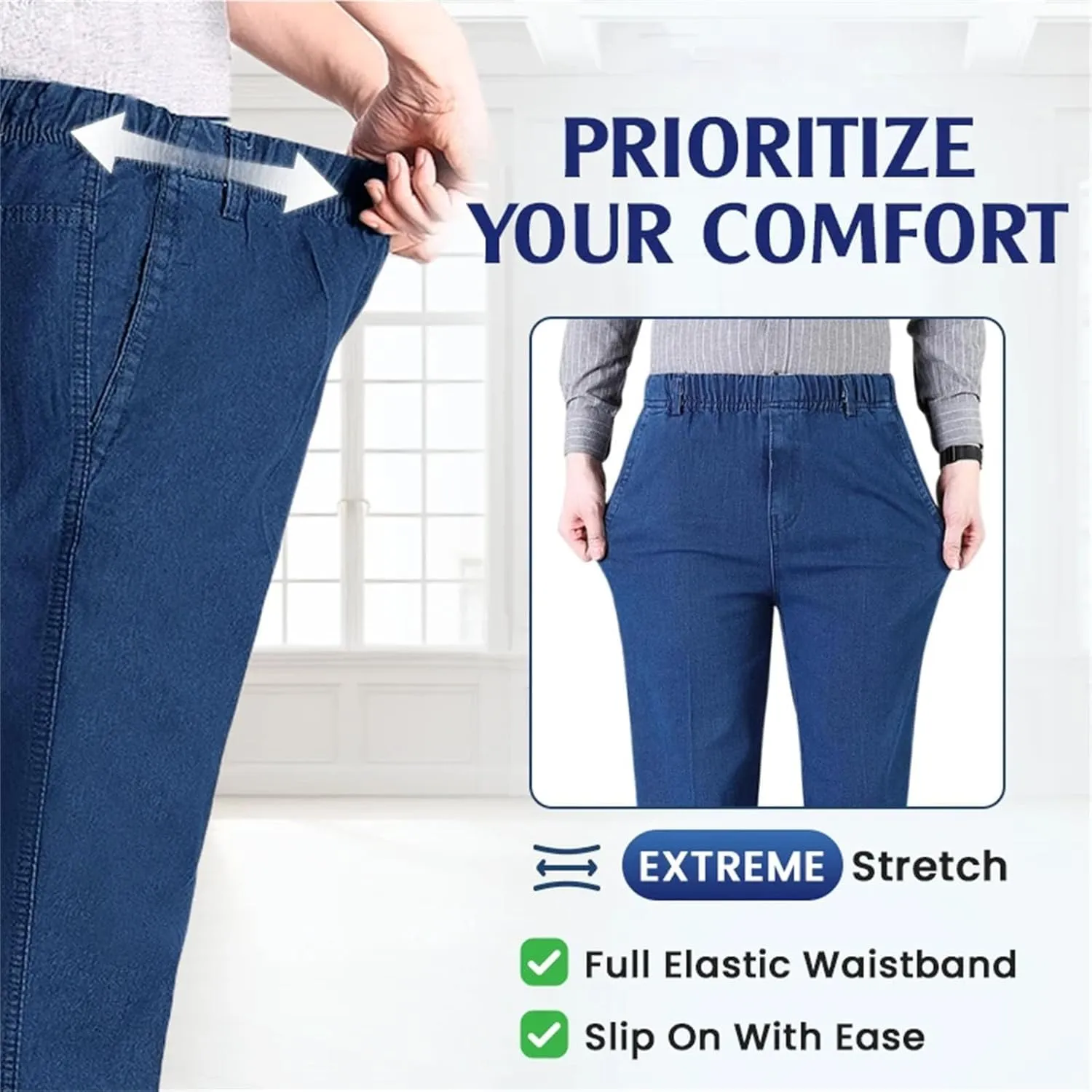 Cooliflex Jeans, Gentsflex - Flexible Waist Straight Fit Comfort Denim Mens Elastic Waist Jeans Relaxed Fit with Zipper