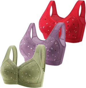 Daisy Bras for Older Women 3 Pack Front Close Button Breathable No Underwire Bras Lace Breathable Full Coverage Bralettes