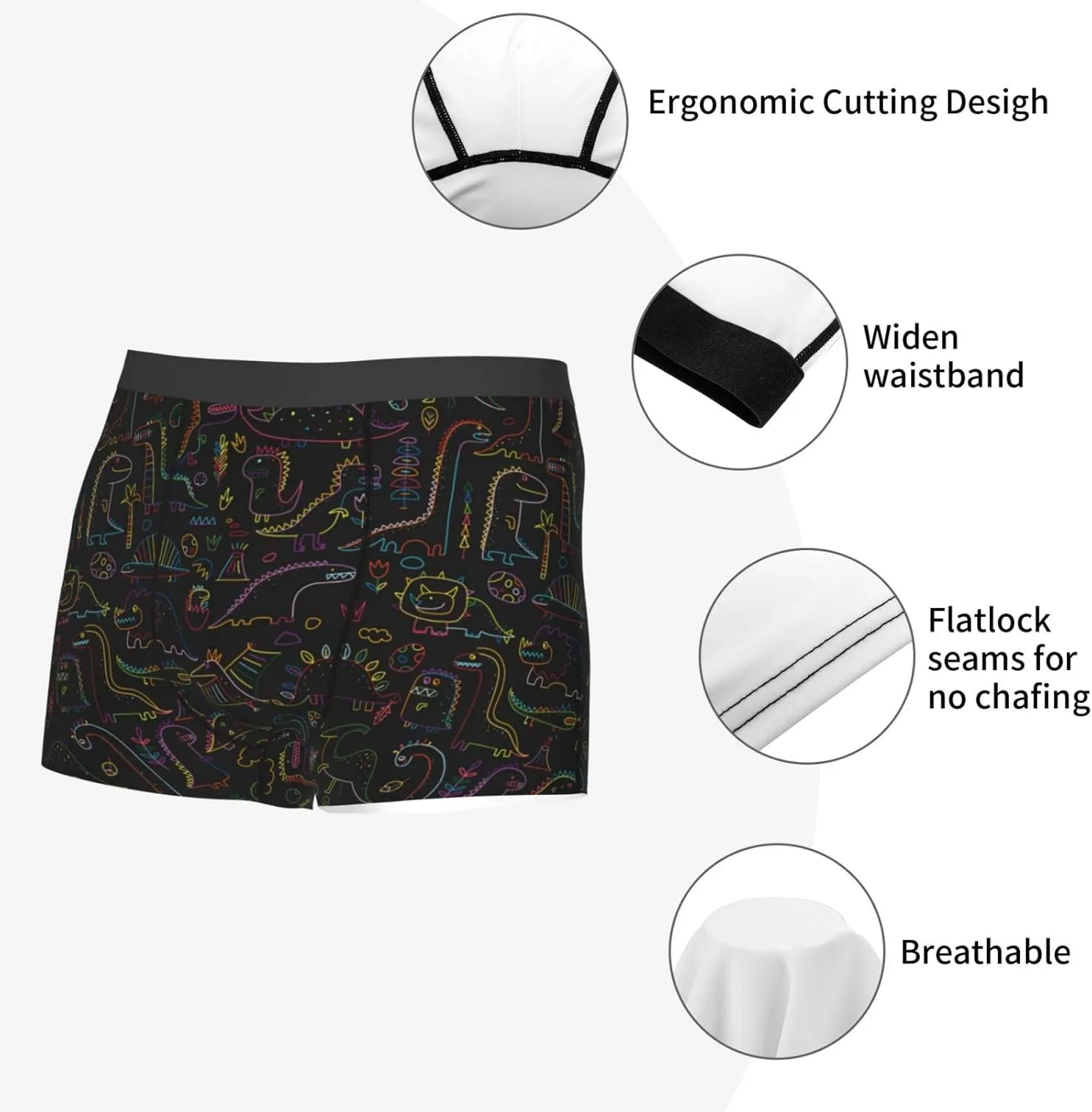 Doodle Dinosaur Print Boxer Briefs For Men Breathable Underwear-