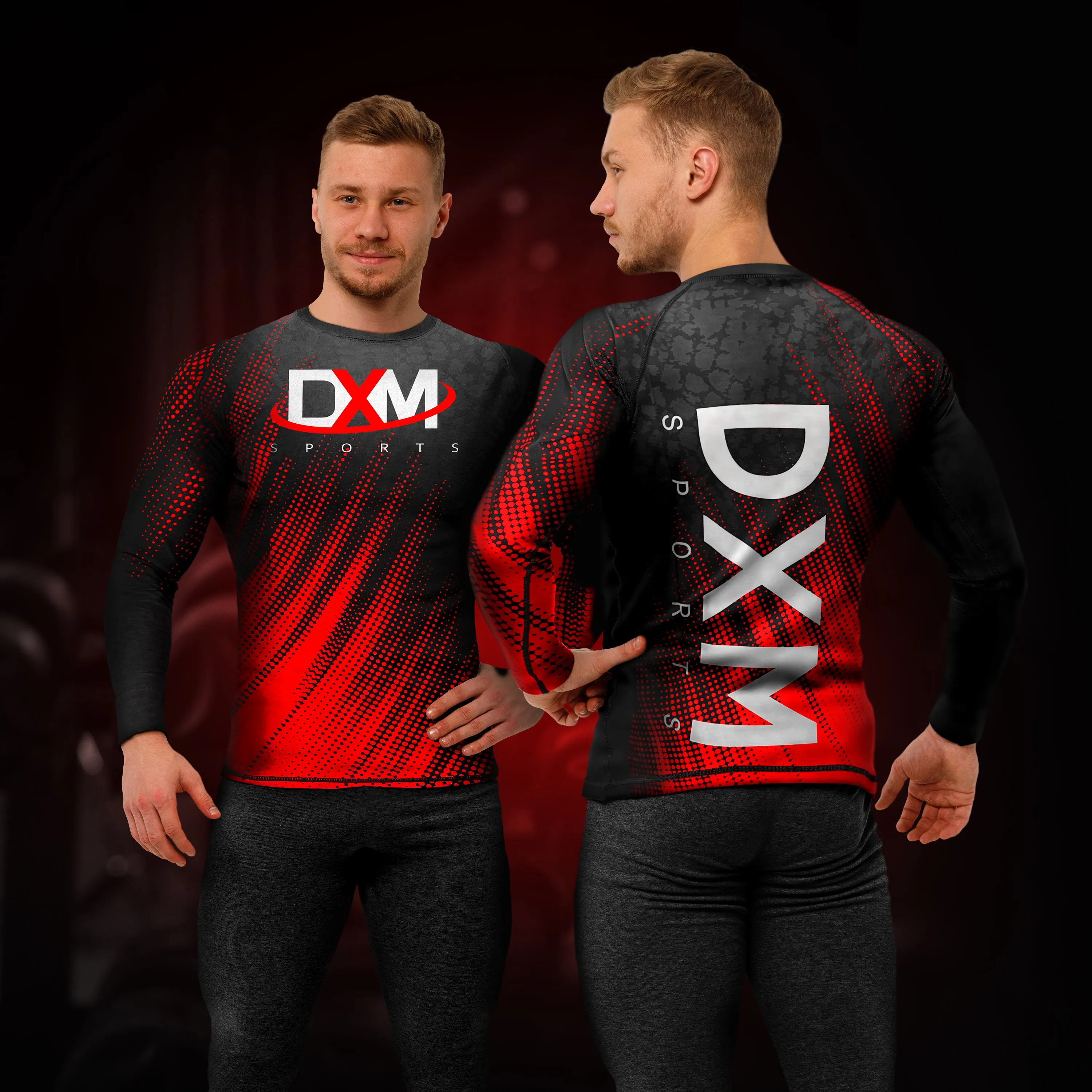DXM Sports Long Sleeve Rash Guard Compression Shirt - Black/Red