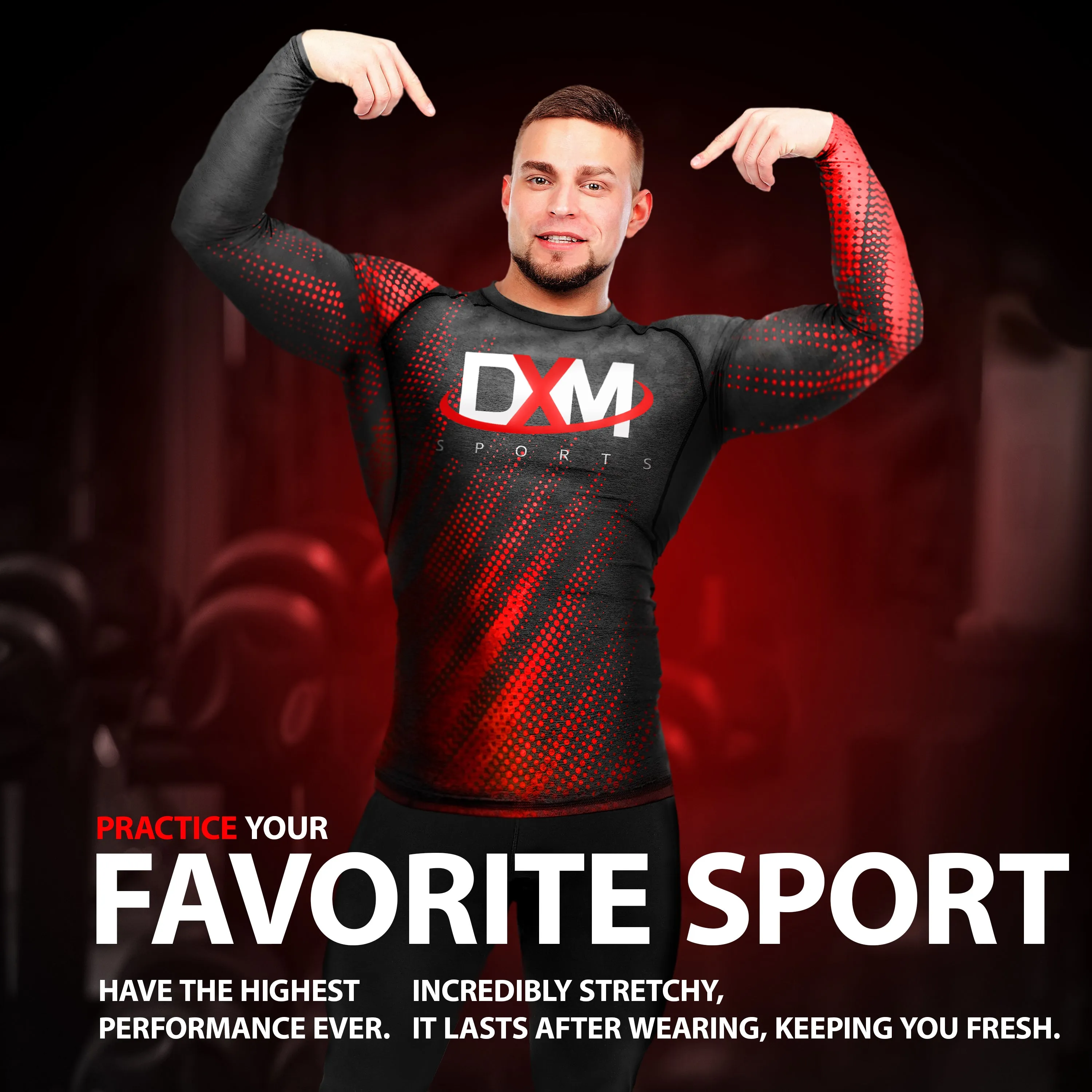DXM Sports Long Sleeve Rash Guard Compression Shirt - Black/Red