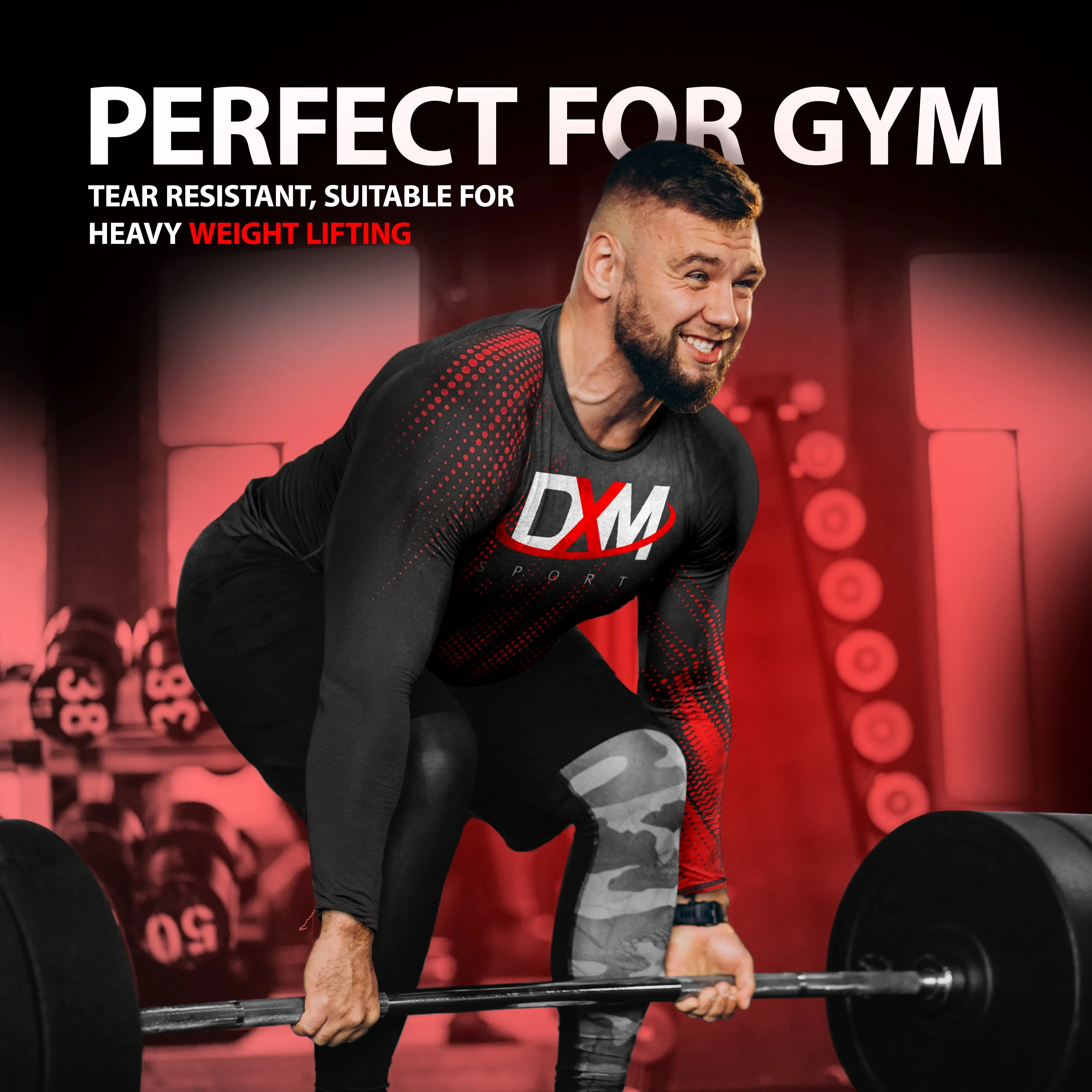 DXM Sports Long Sleeve Rash Guard Compression Shirt - Black/Red