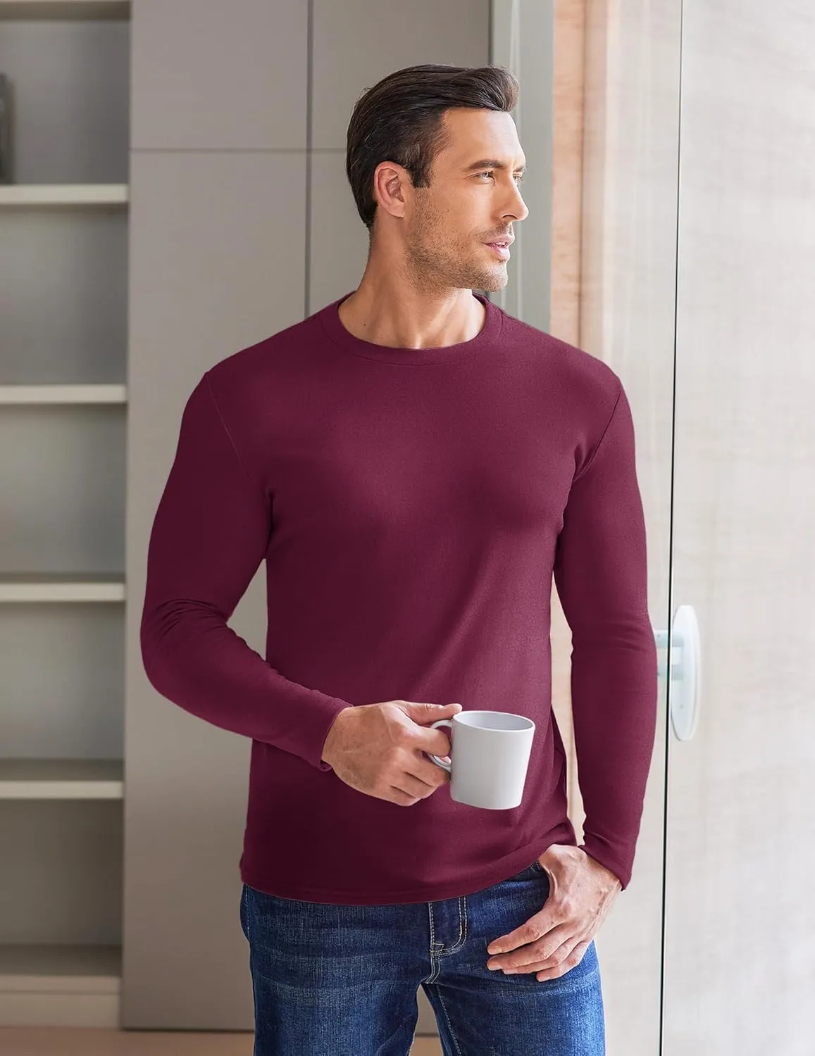 Ekouaer Mens Long Sleeve Shirts Crew Neck Fleece Thermal Undershirts Midweight Sweatshirts Soft Base Layer Pullover Tee Tops