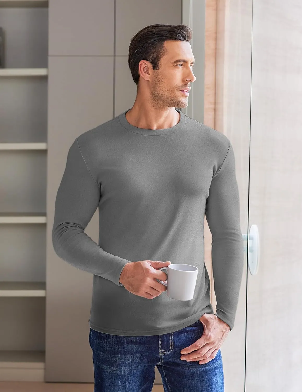 Ekouaer Mens Long Sleeve Shirts Crew Neck Fleece Thermal Undershirts Midweight Sweatshirts Soft Base Layer Pullover Tee Tops