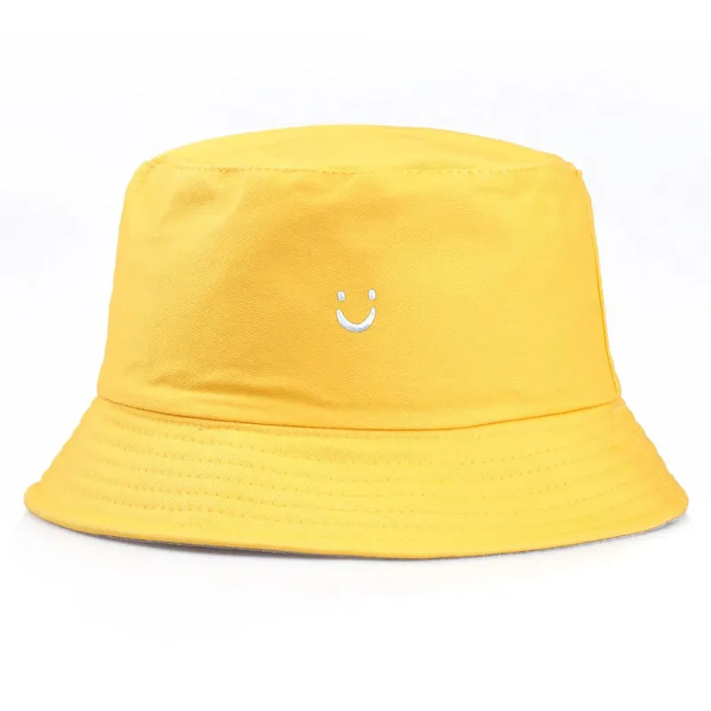 Embroidered Happy Face Double-Sided Summer Bucket Hats