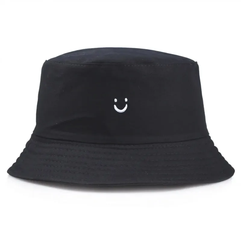 Embroidered Happy Face Double-Sided Summer Bucket Hats