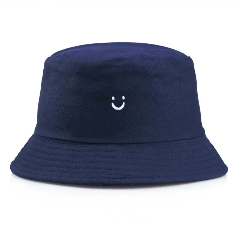 Embroidered Happy Face Double-Sided Summer Bucket Hats