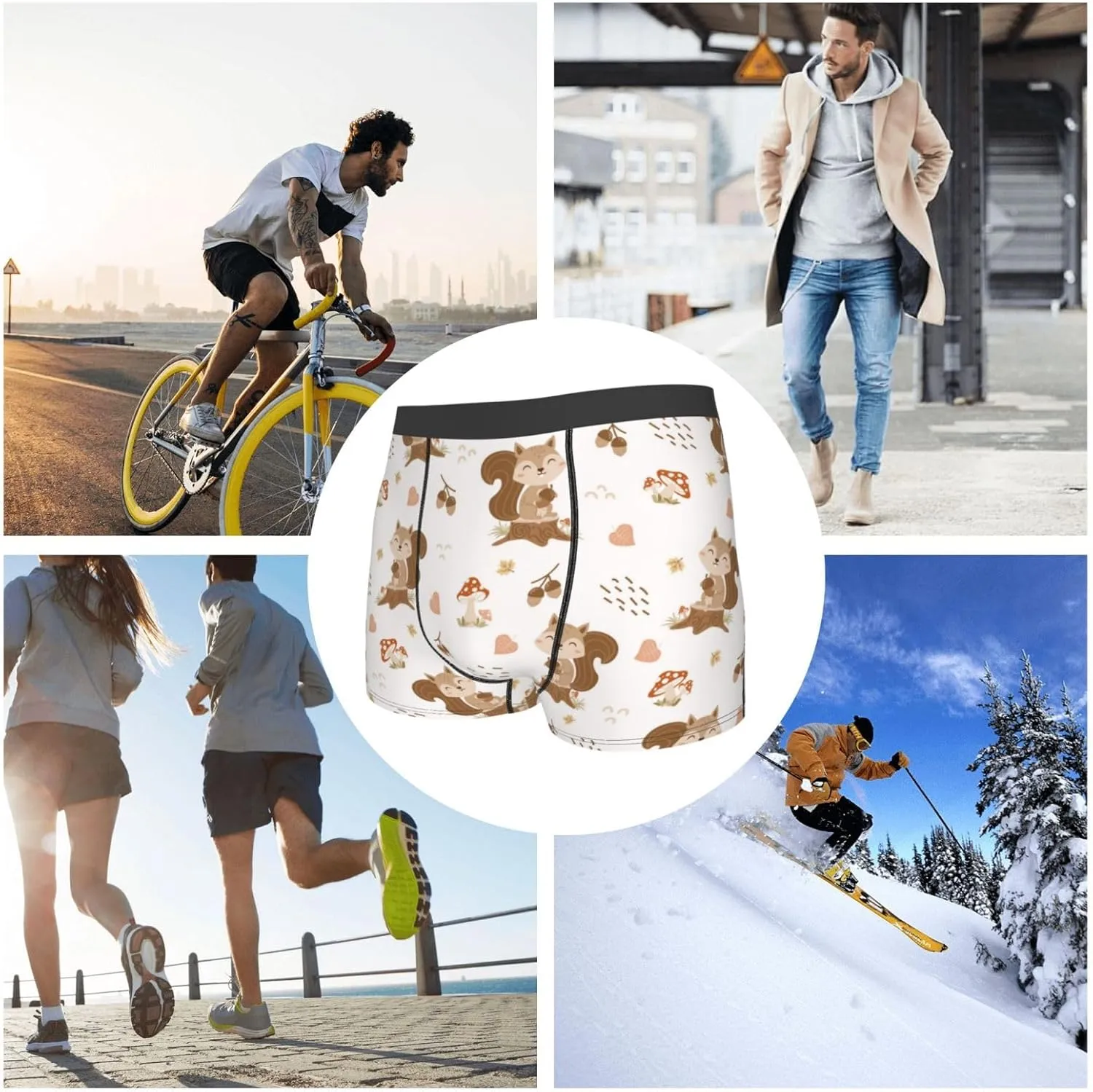 Fall Squirrel Print Boxer Briefs For Men Breathable Underwear-
