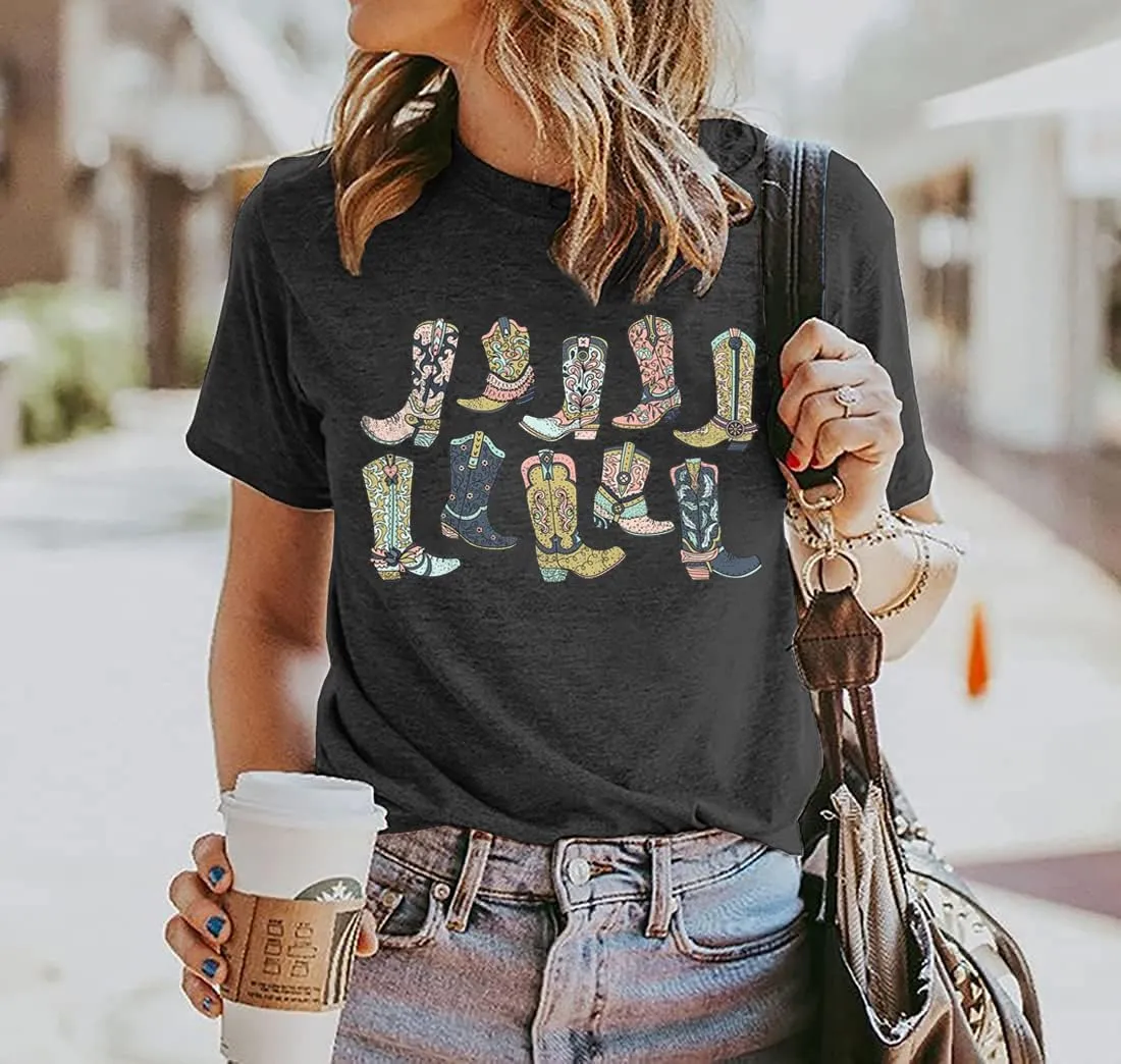 FCHICH Cowgirl Boots Shirt Women Country Concert T-Shirt Vintage Graphic Western Cowboy Tees Casual Short Sleeve Tops