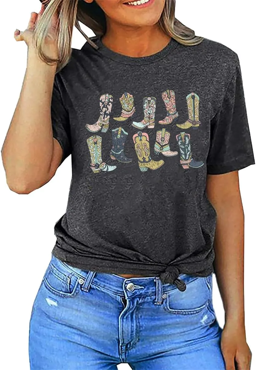FCHICH Cowgirl Boots Shirt Women Country Concert T-Shirt Vintage Graphic Western Cowboy Tees Casual Short Sleeve Tops
