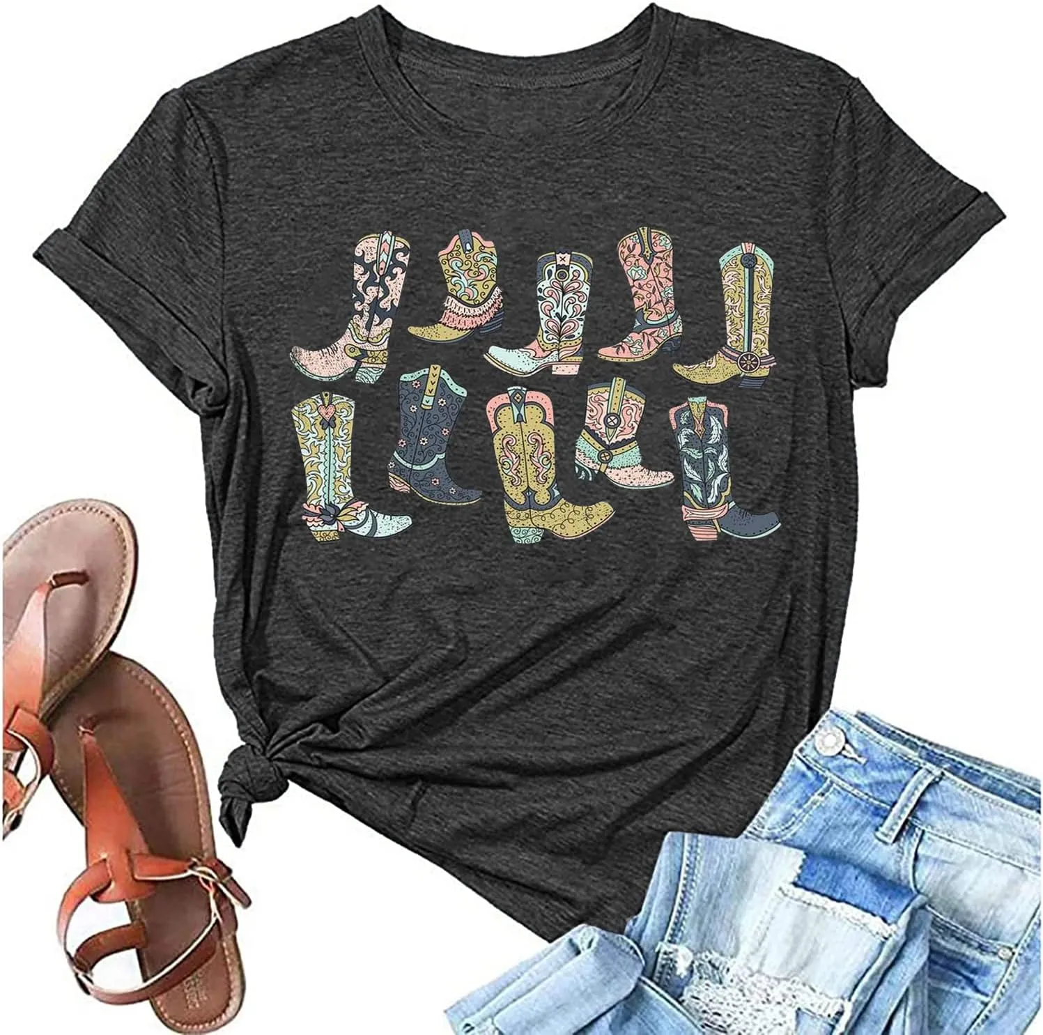 FCHICH Cowgirl Boots Shirt Women Country Concert T-Shirt Vintage Graphic Western Cowboy Tees Casual Short Sleeve Tops