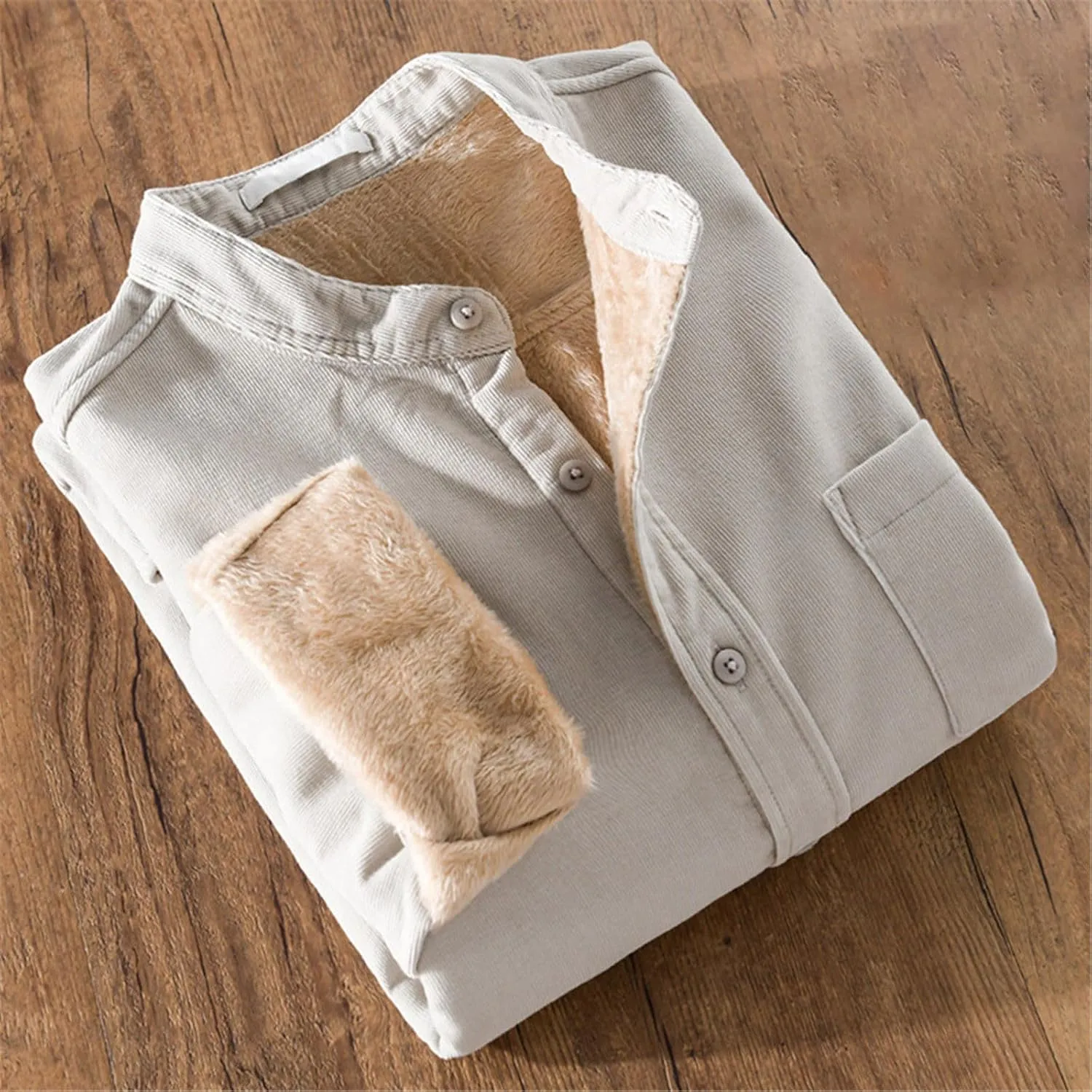 Fleece Lined Corduroy Shirt for Men Long Sleeve Button Down Casual Shirt Slim Fit Textured Shirts with Chest Pocket