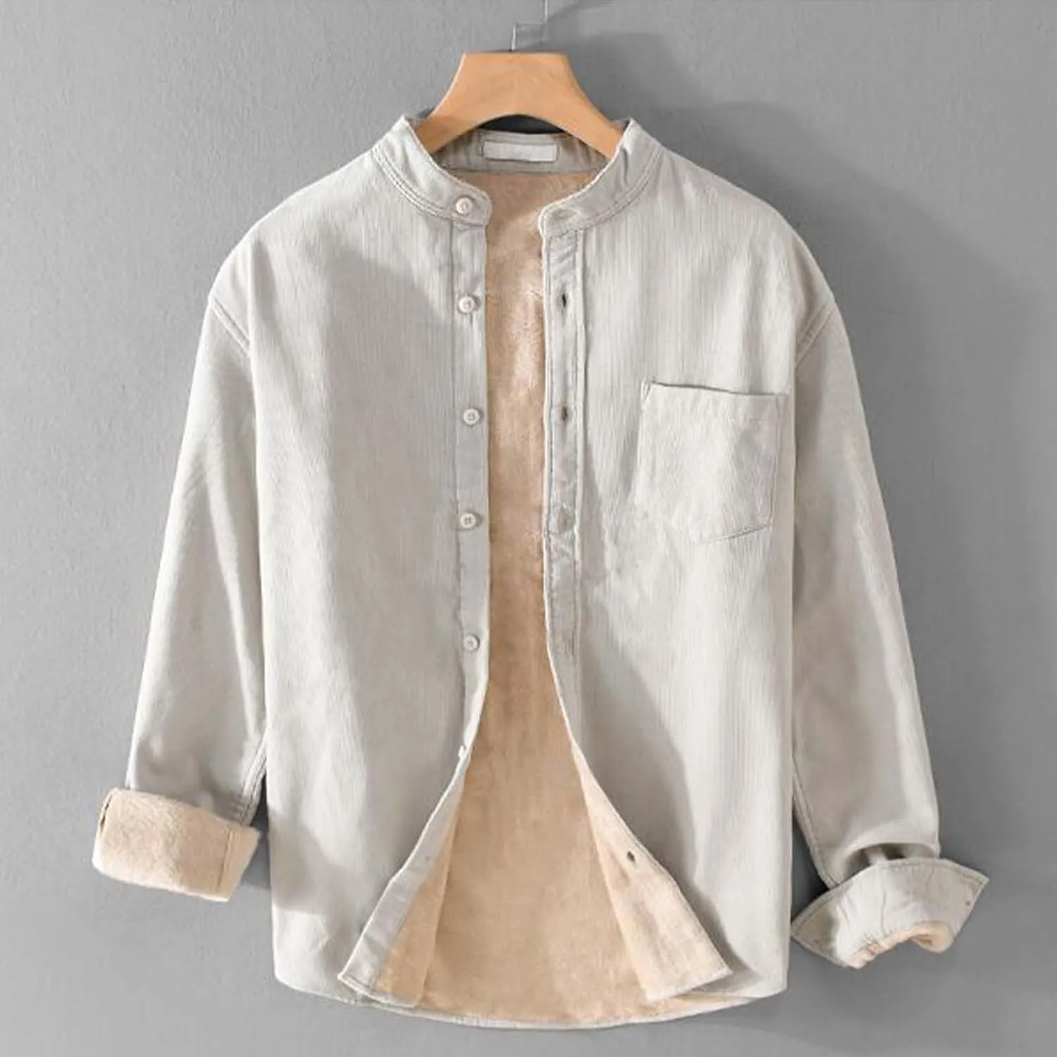 Fleece Lined Corduroy Shirt for Men Long Sleeve Button Down Casual Shirt Slim Fit Textured Shirts with Chest Pocket