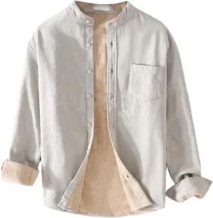 Fleece Lined Corduroy Shirt for Men Long Sleeve Button Down Casual Shirt Slim Fit Textured Shirts with Chest Pocket