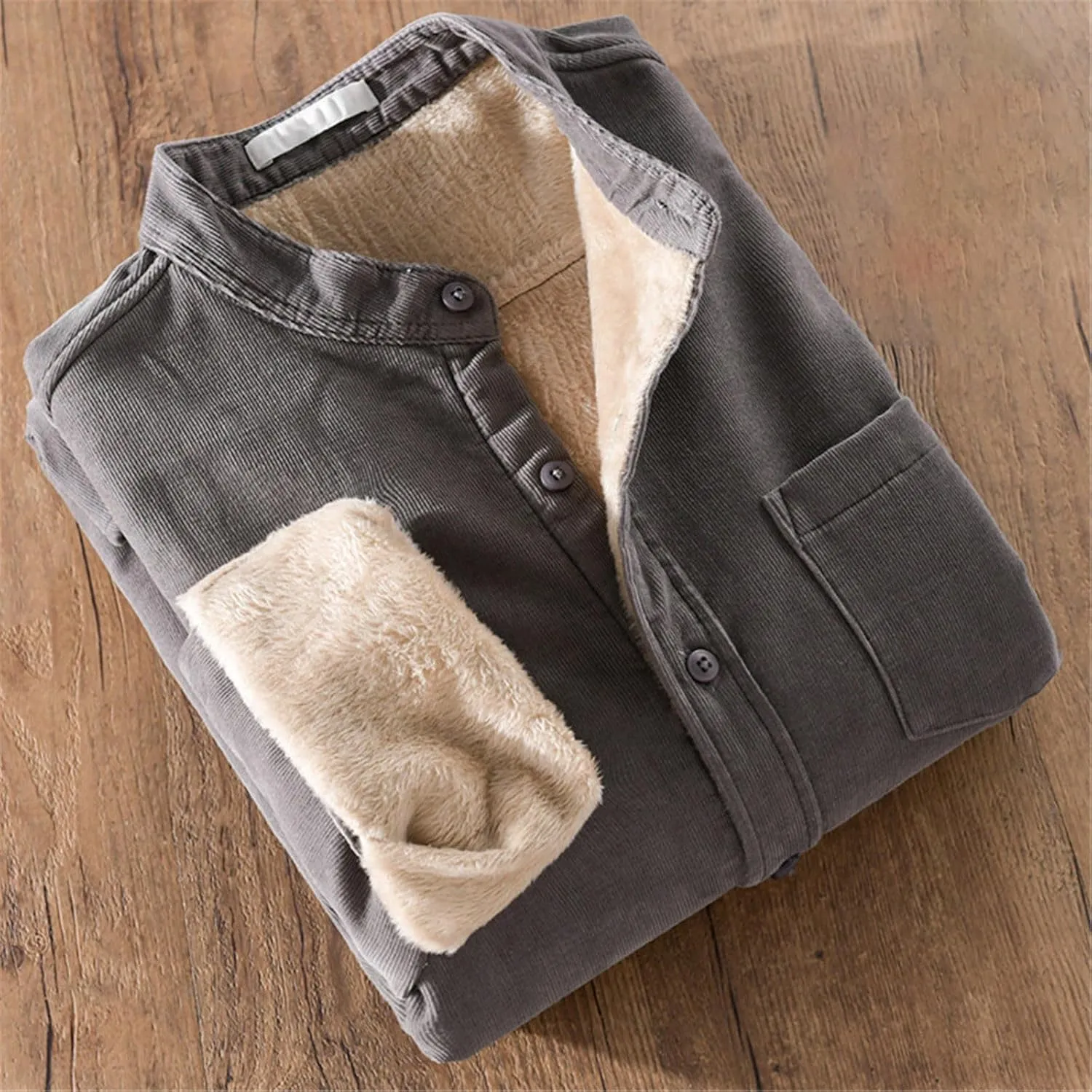 Fleece Lined Corduroy Shirt for Men Long Sleeve Button Down Casual Shirt Slim Fit Textured Shirts with Chest Pocket