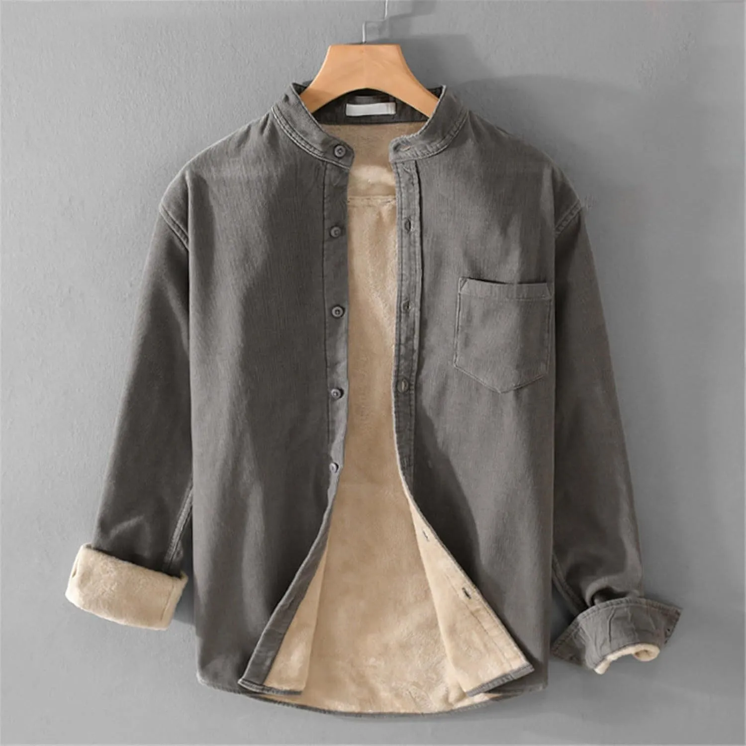 Fleece Lined Corduroy Shirt for Men Long Sleeve Button Down Casual Shirt Slim Fit Textured Shirts with Chest Pocket