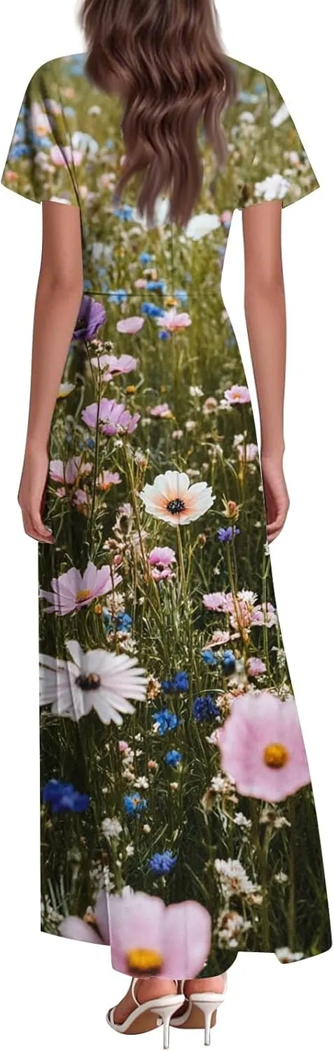 Floral Maxi Dress for Women Summer Short Sleeve Trendy High Waist V-Neck Fashion Party High Waist Maxi Dresses