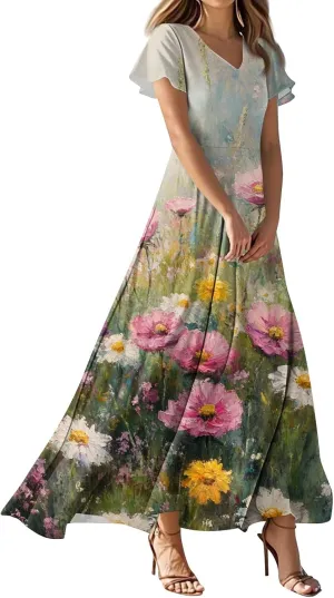 Floral Maxi Dress for Women Summer Short Sleeve Trendy High Waist V-Neck Fashion Party High Waist Maxi Dresses