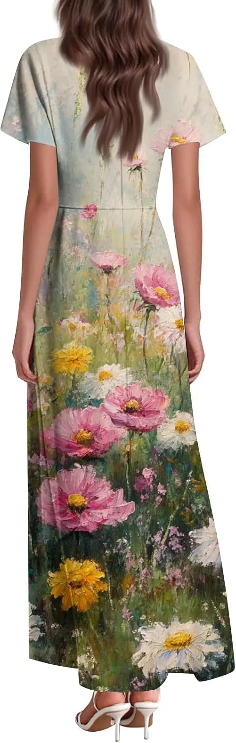 Floral Maxi Dress for Women Summer Short Sleeve Trendy High Waist V-Neck Fashion Party High Waist Maxi Dresses