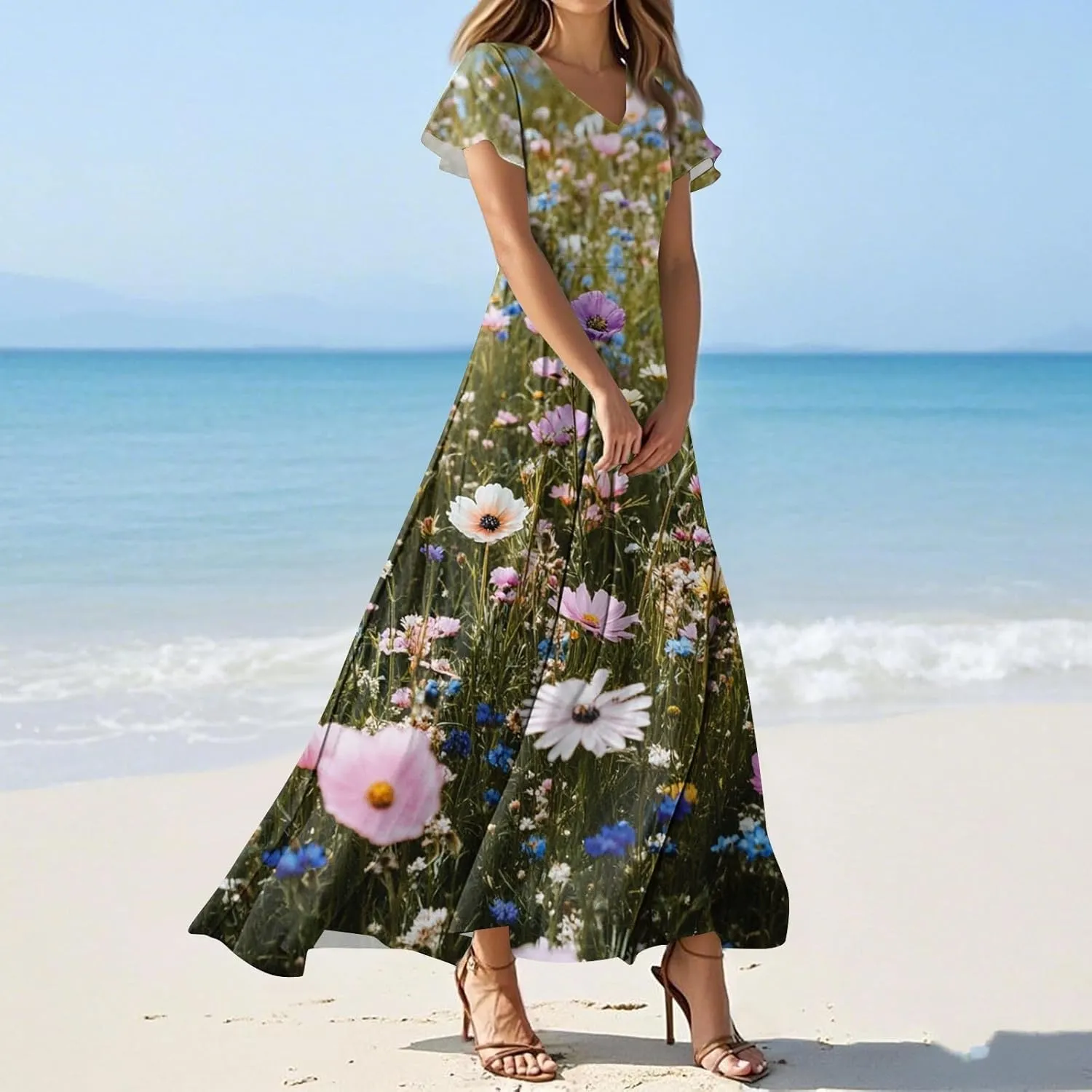 Floral Maxi Dress for Women Summer Short Sleeve Trendy High Waist V-Neck Fashion Party High Waist Maxi Dresses