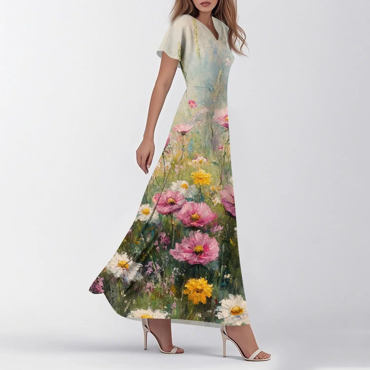 Floral Maxi Dress for Women Summer Short Sleeve Trendy High Waist V-Neck Fashion Party High Waist Maxi Dresses