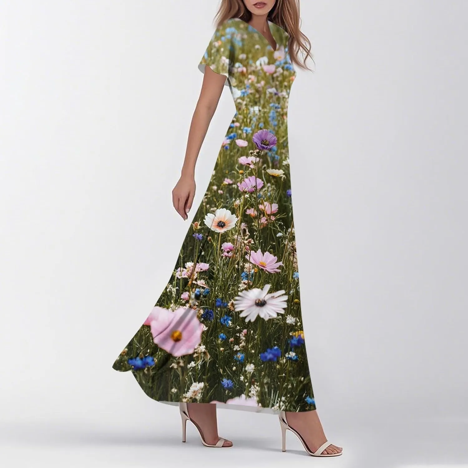 Floral Maxi Dress for Women Summer Short Sleeve Trendy High Waist V-Neck Fashion Party High Waist Maxi Dresses