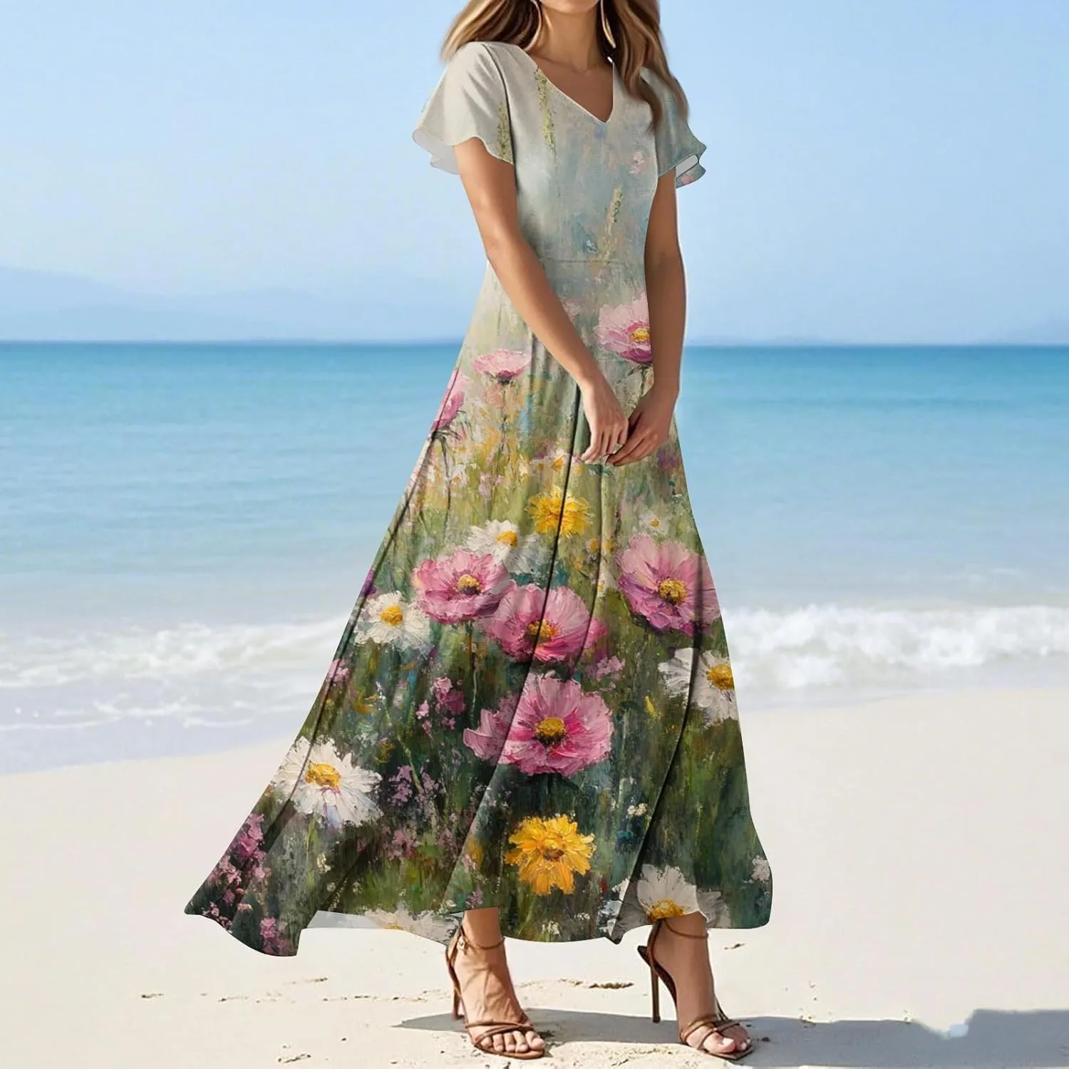 Floral Maxi Dress for Women Summer Short Sleeve Trendy High Waist V-Neck Fashion Party High Waist Maxi Dresses