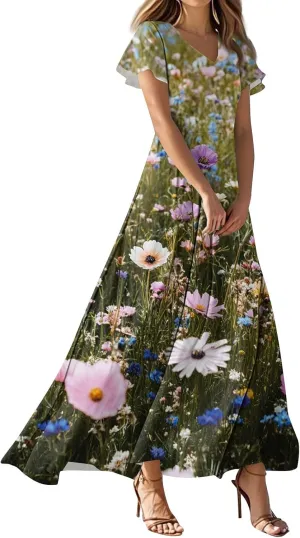 Floral Maxi Dress for Women Summer Short Sleeve Trendy High Waist V-Neck Fashion Party High Waist Maxi Dresses