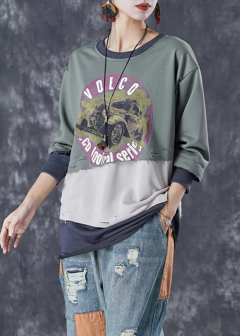 French Green Oversized Patchwork Warm Fleece Pullover Tops Winter ML3053