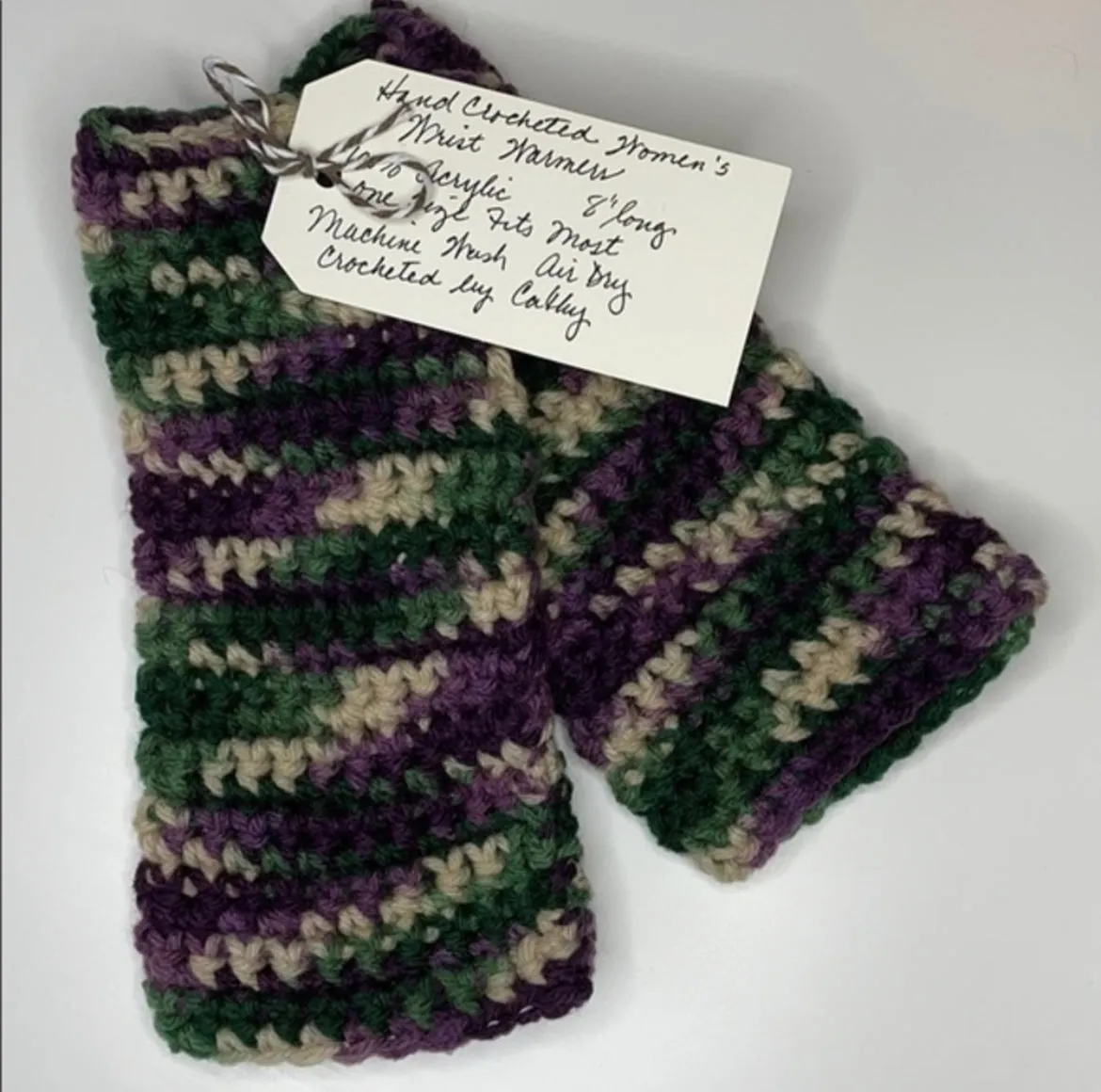 Gaming Texting Fingerless Gloves Marbled Purple Green Tan Crochet Knit Writing Tech Wrist Warmers