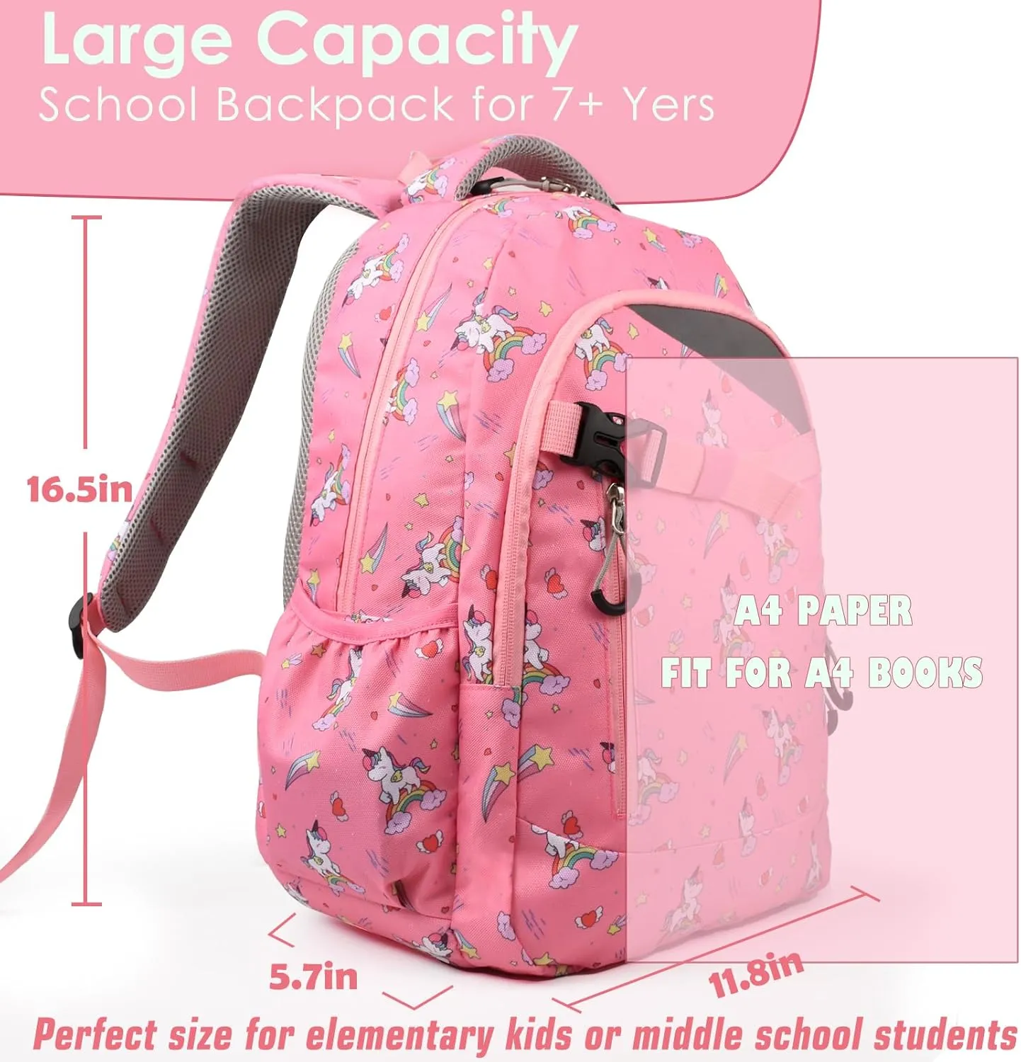 Genteen Kids Backpack for Girls for Backpack Large Elementary Kindergarten,Lightweight School Bag with Laptop Compartments-Rainbow