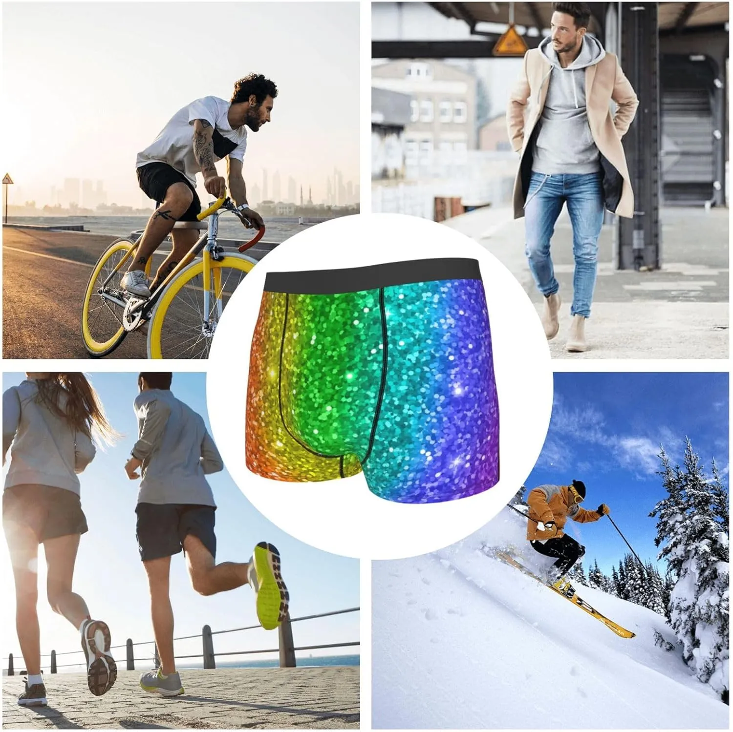 Glitter Rainbow Print Boxer Briefs For Men Breathable Underwear-