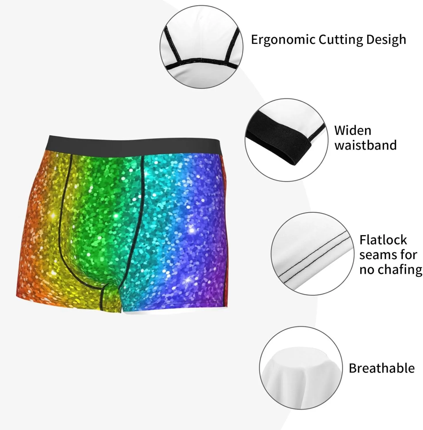 Glitter Rainbow Print Boxer Briefs For Men Breathable Underwear-