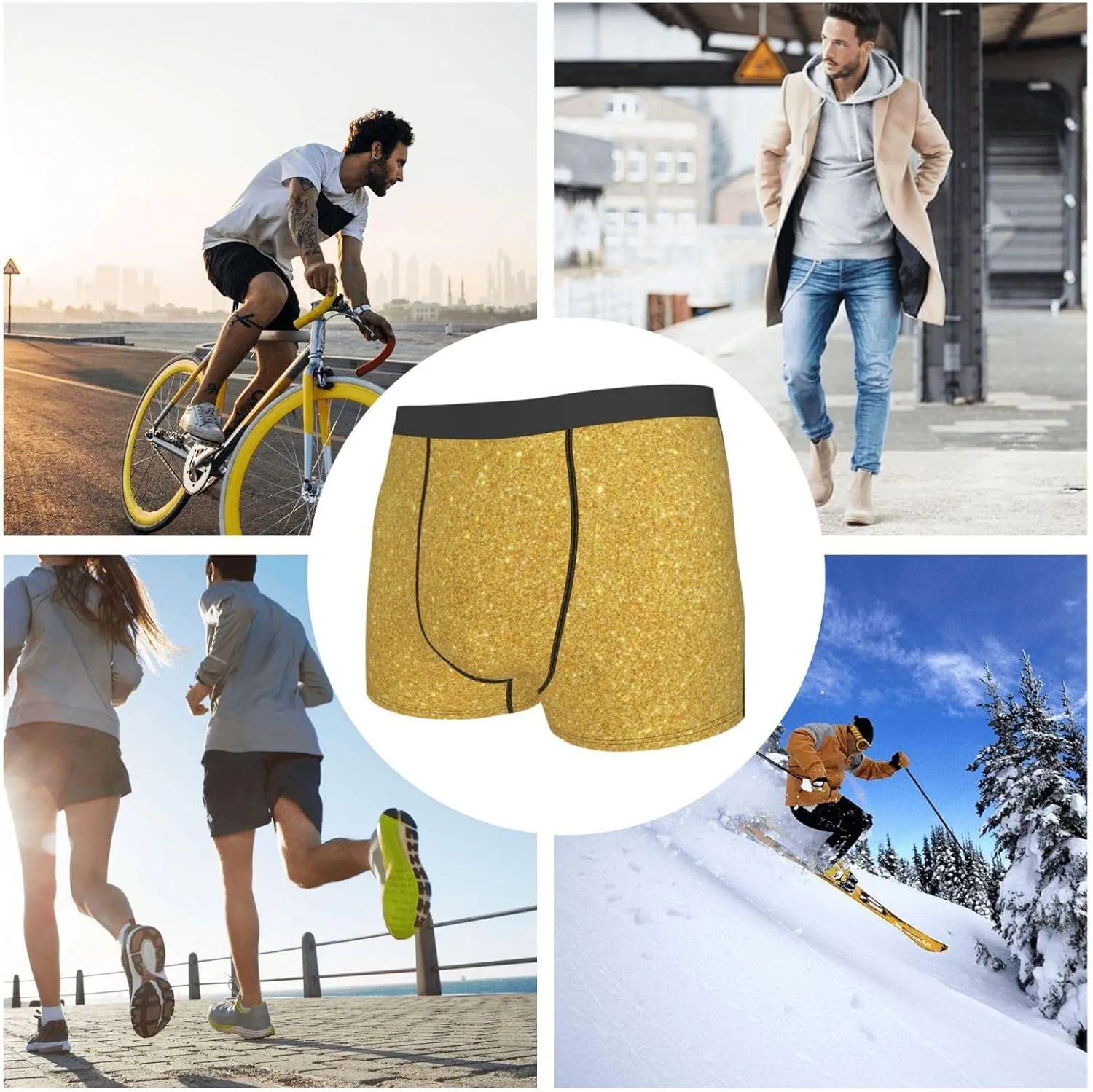 Gold Shiny Print Boxer Briefs For Men Breathable Underwear-