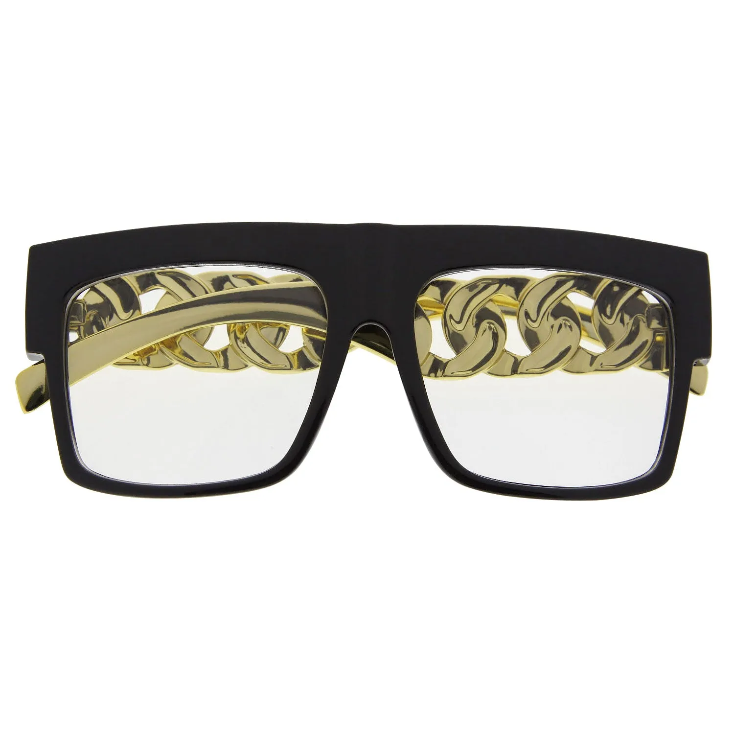 grinderPUNCH Chain Temple Gold Oversized Flat Top Clear Lens Celebrity Sunglasses