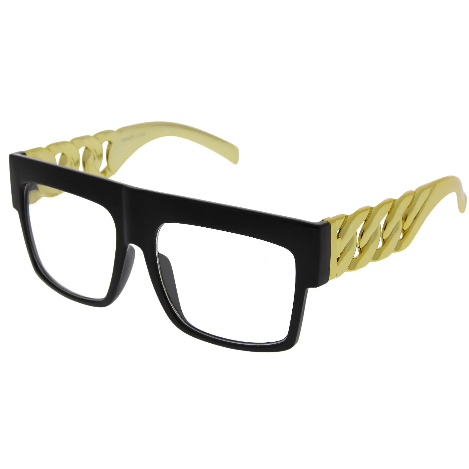 grinderPUNCH Chain Temple Gold Oversized Flat Top Clear Lens Celebrity Sunglasses