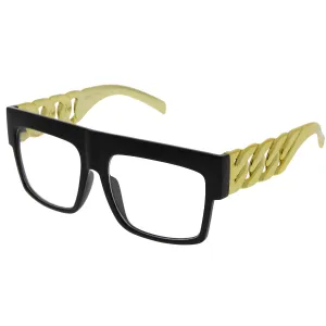 grinderPUNCH Chain Temple Gold Oversized Flat Top Clear Lens Celebrity Sunglasses