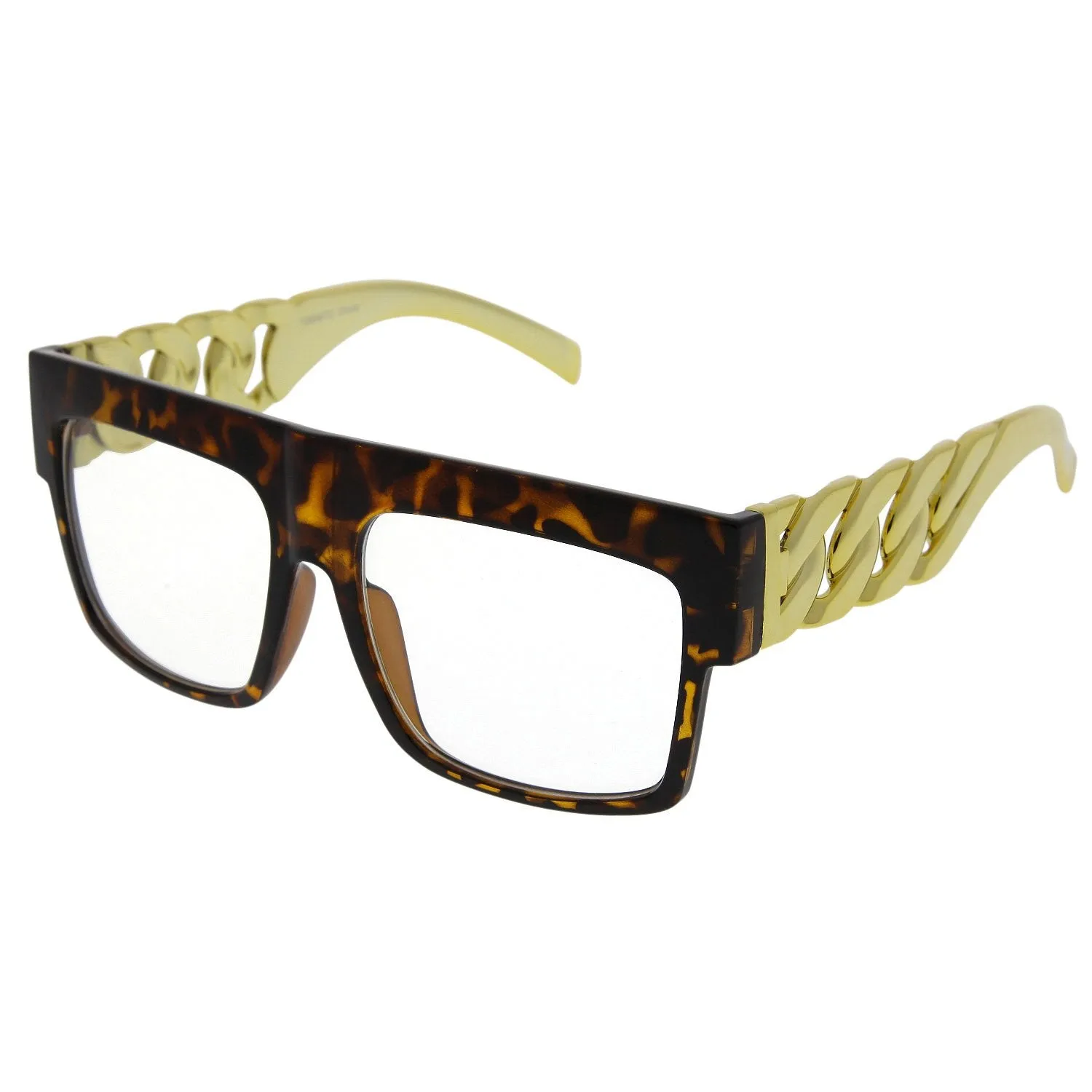 grinderPUNCH Chain Temple Gold Oversized Flat Top Clear Lens Celebrity Sunglasses