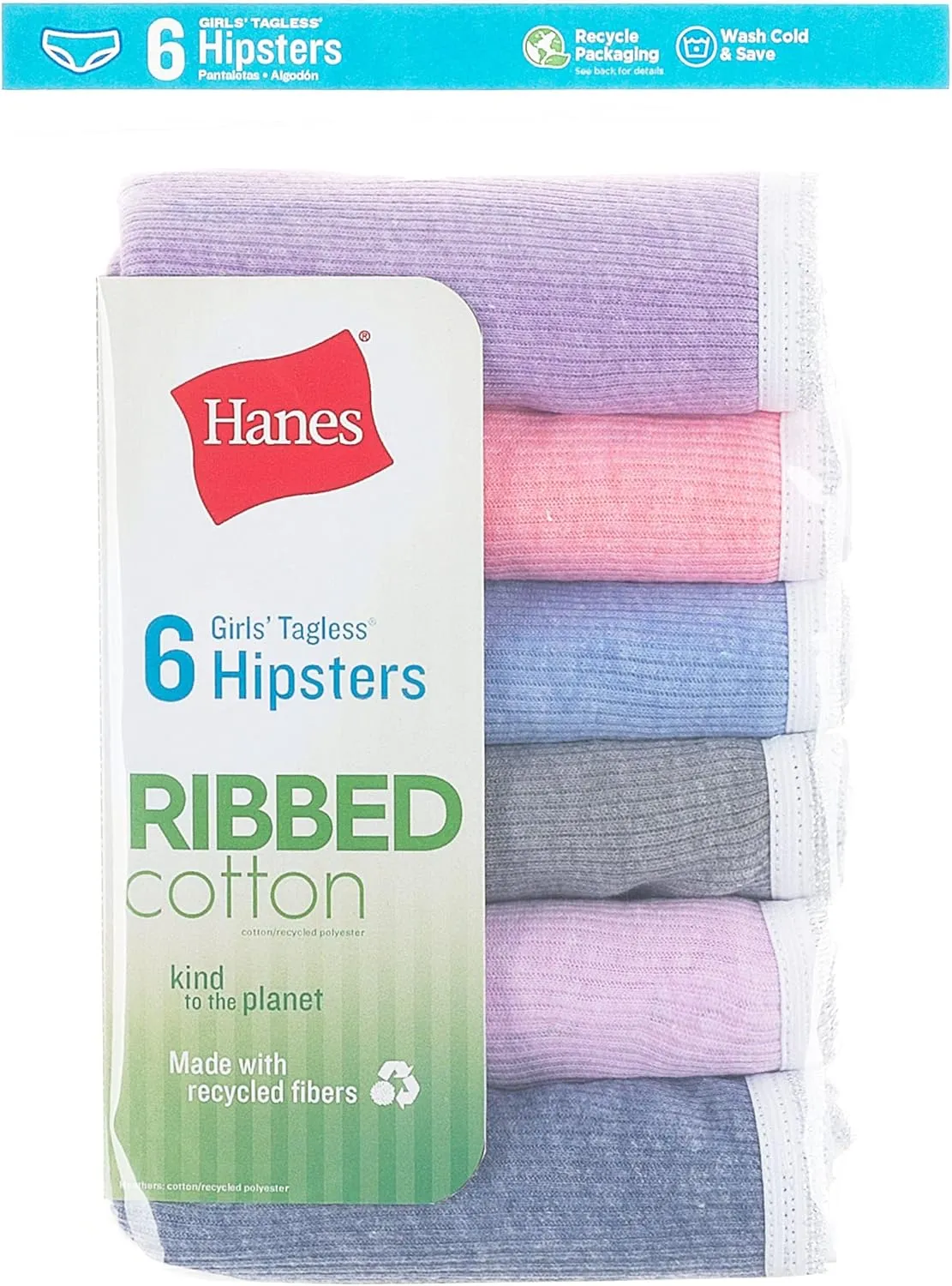 Hanes Girls' Underwear, Ribbed Moisture-Wicking Tagless Panties, Hipster & Brief, 6-Pack