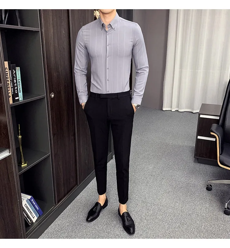 High-Quality Men Long Sleeve Vertical Stripes Slim Fit Casual Formal Shirt