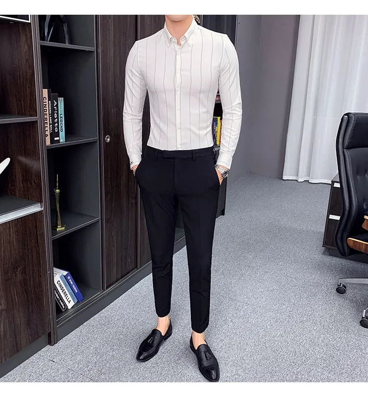 High-Quality Men Long Sleeve Vertical Stripes Slim Fit Casual Formal Shirt