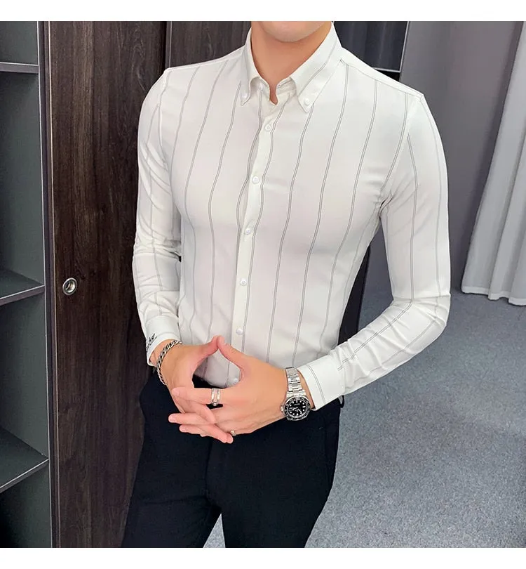 High-Quality Men Long Sleeve Vertical Stripes Slim Fit Casual Formal Shirt
