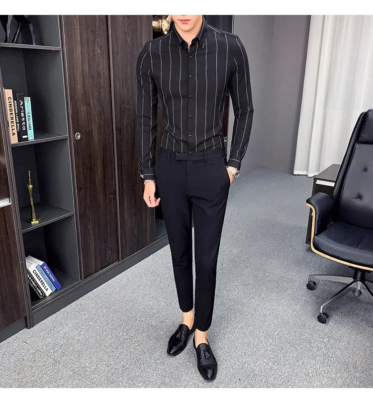 High-Quality Men Long Sleeve Vertical Stripes Slim Fit Casual Formal Shirt