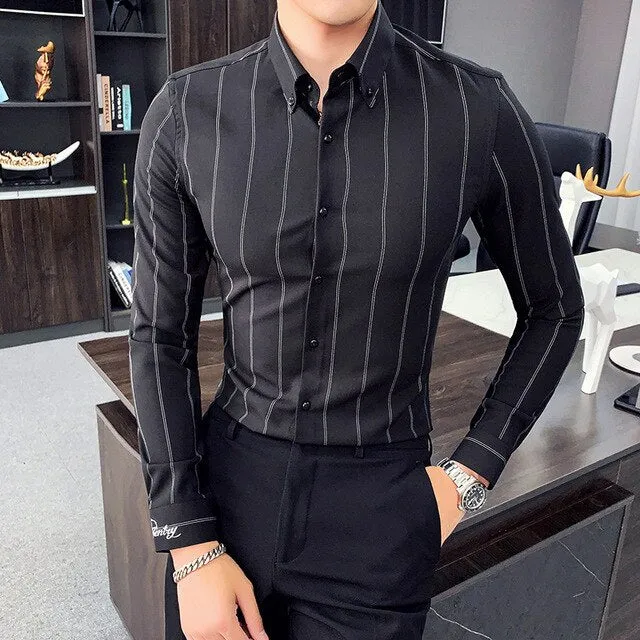 High-Quality Men Long Sleeve Vertical Stripes Slim Fit Casual Formal Shirt