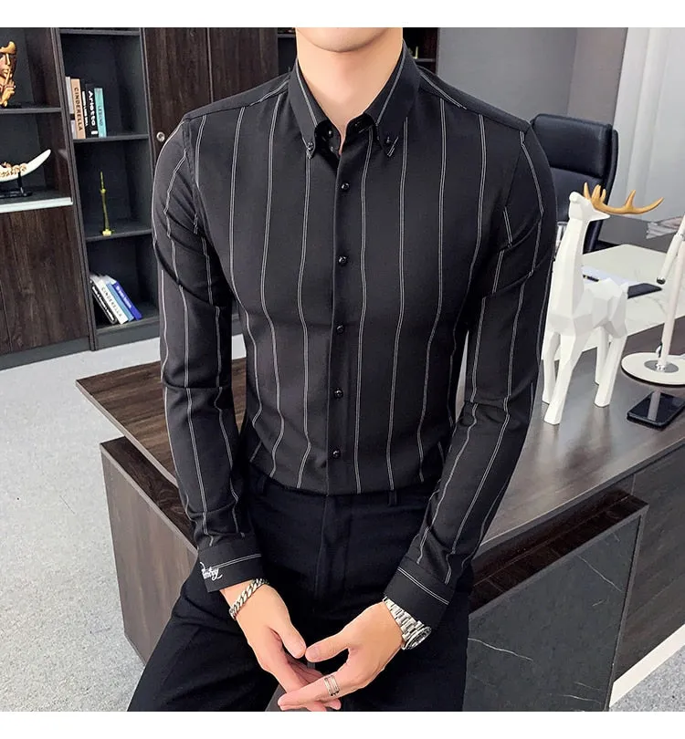 High-Quality Men Long Sleeve Vertical Stripes Slim Fit Casual Formal Shirt