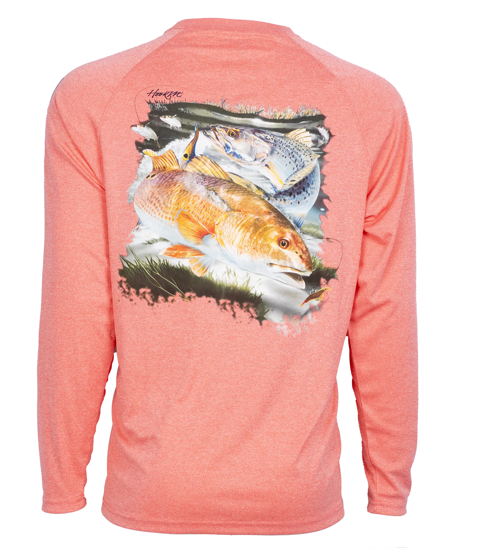 Hook M' Men's Long Sleeve Shirt Redfish Trout 2 Cayenne Heather