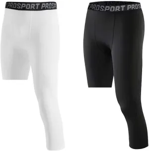 Hotfiary 2 Pack Mens Compression Pants 3/4 One Leg Compression Tights Athletic Base Layer for Running Basketball Sports